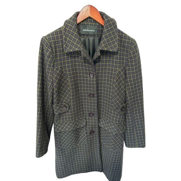 Moda International Purple Yellow Patterned Wool Button Front Peacoat Size Small - Picture 3 of 12